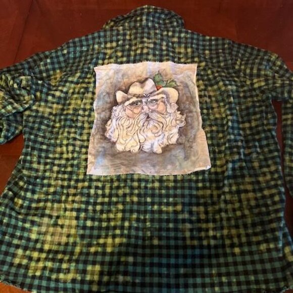 A Rare Bird Handmade Cotton Plaid Shirt With Santa Design tie dye bleached - Picture 2 of 8